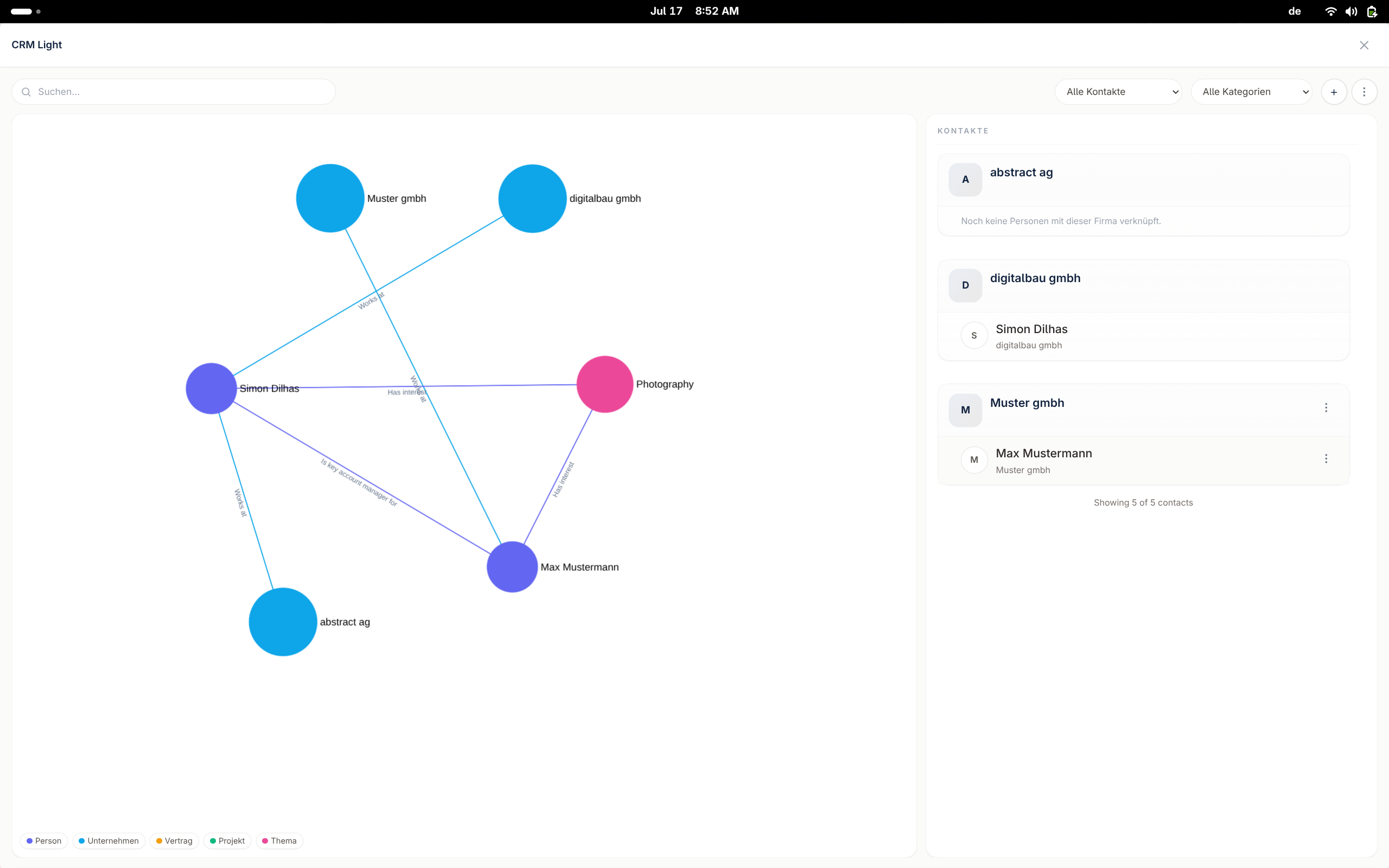 CRM Light relationship map showing contacts connected by role and activity