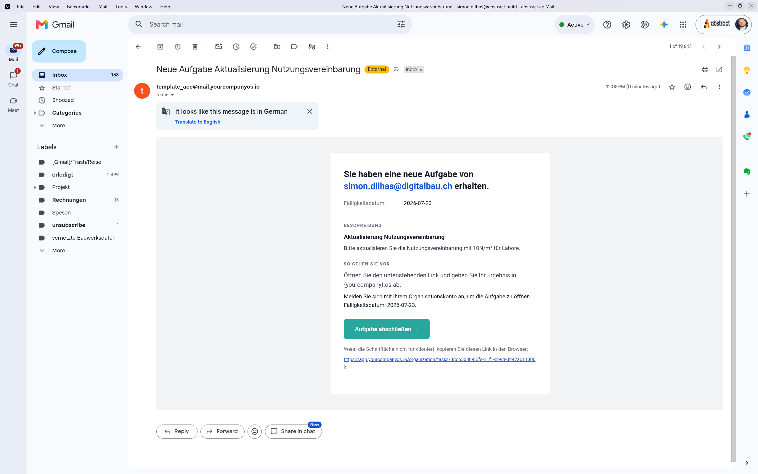 Aufgaben-E-Mail im Gmail-Posteingang mit Link zum Abschliessen der Aufgabe in {yourcompany}os