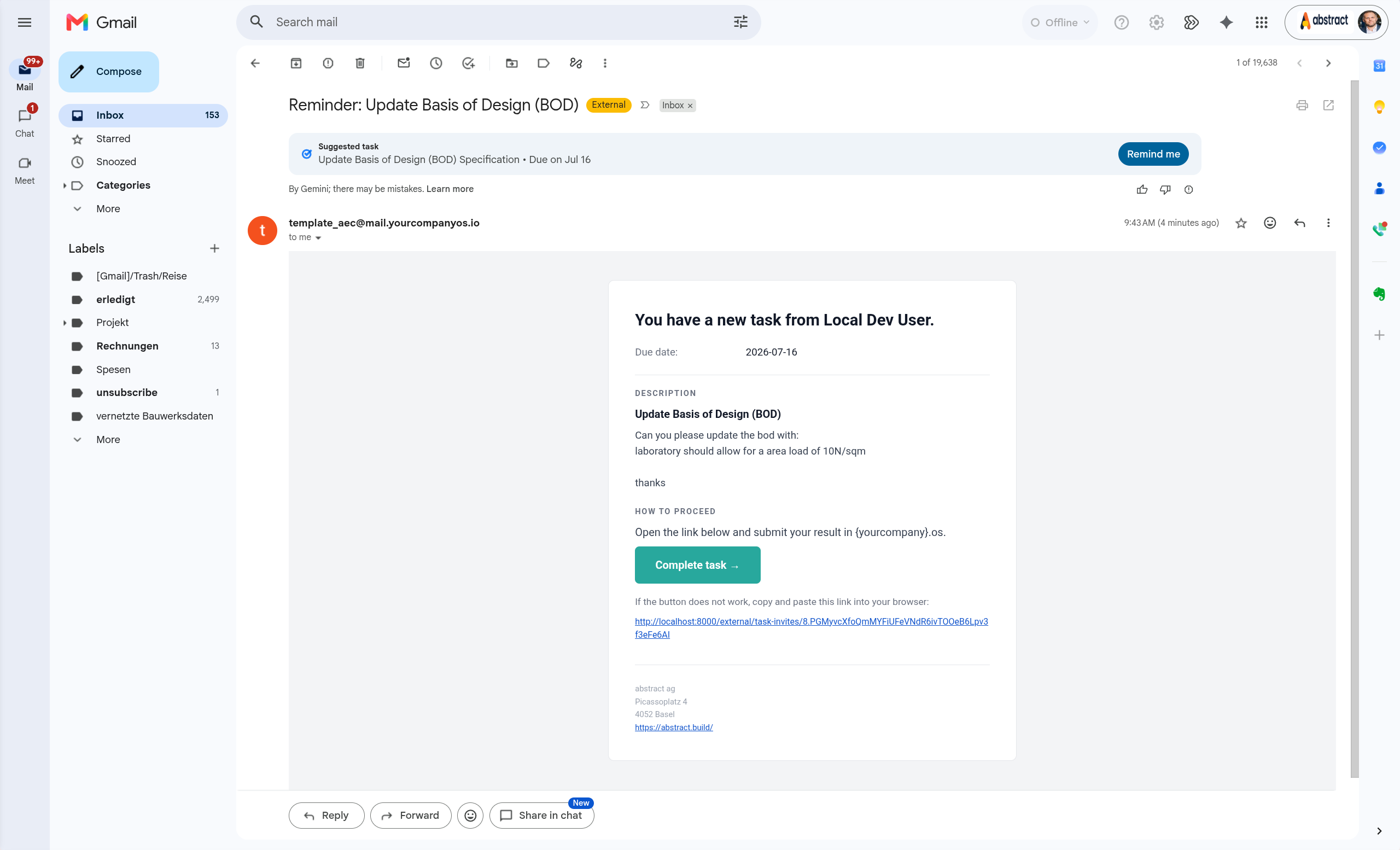 Task email in Gmail inbox with a link to complete the task in {yourcompany}os