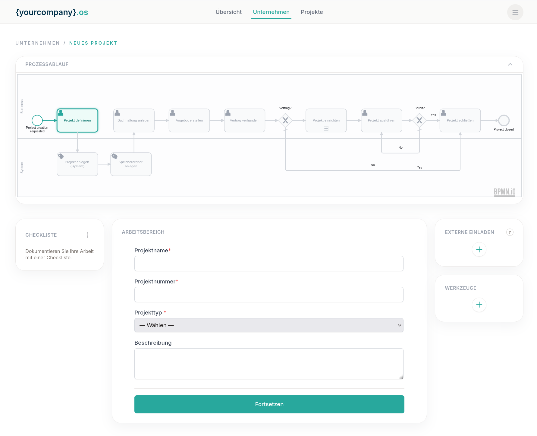New project in {yourcompany}os: process flow with active Define project step and form for name, number, and type